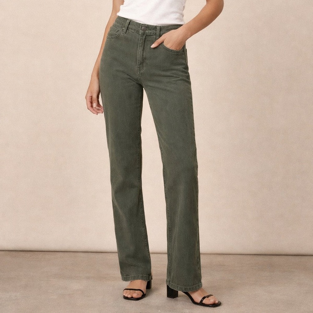 Olive Green Stretch Pants | Mid-Rise Straight Leg Jeans Work Casual